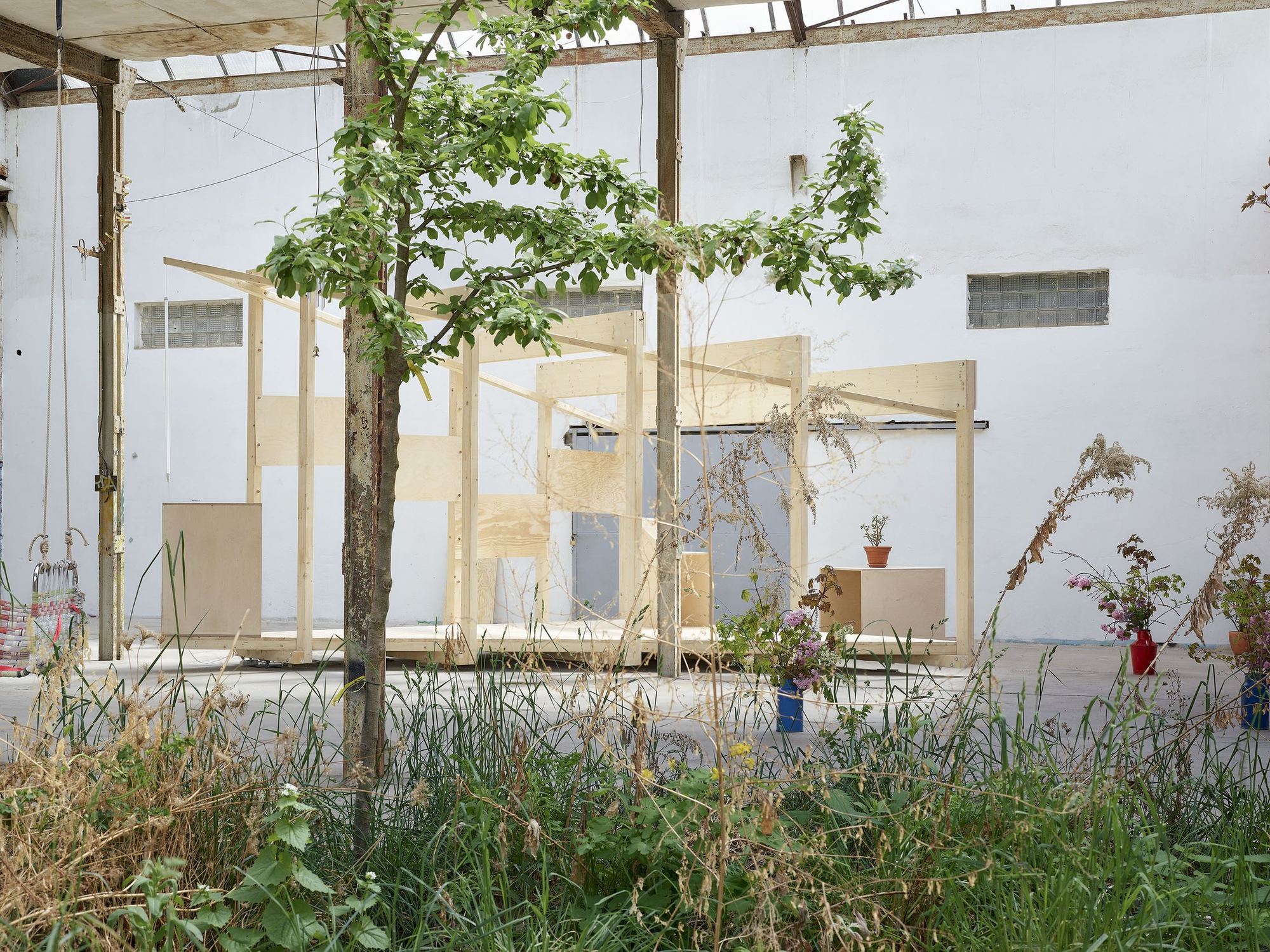 Holzkonstruktion in einer Halle hinter einem Baum